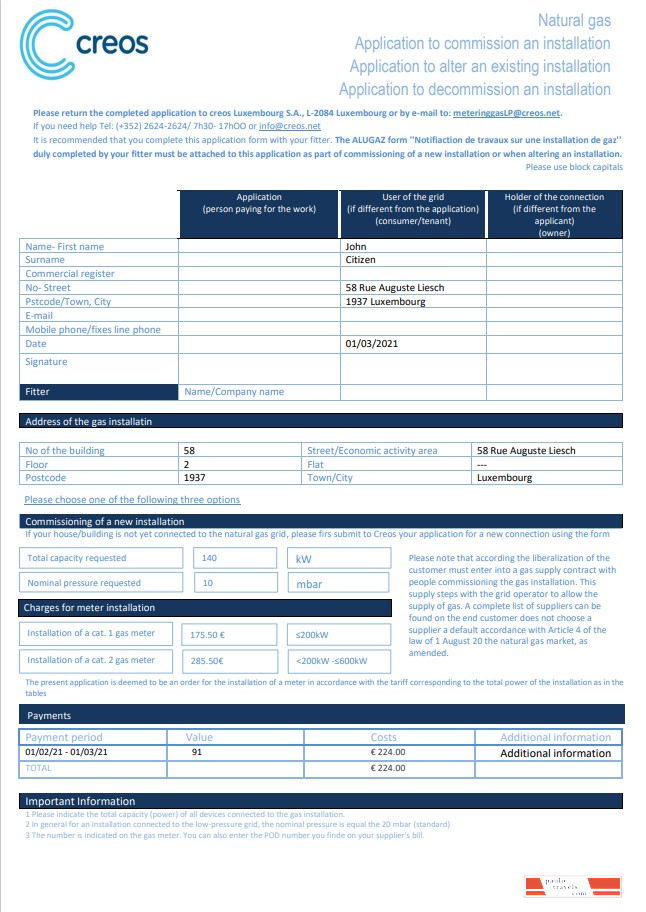 Luxembourg Creos gas utility bill template in Word and PDF format